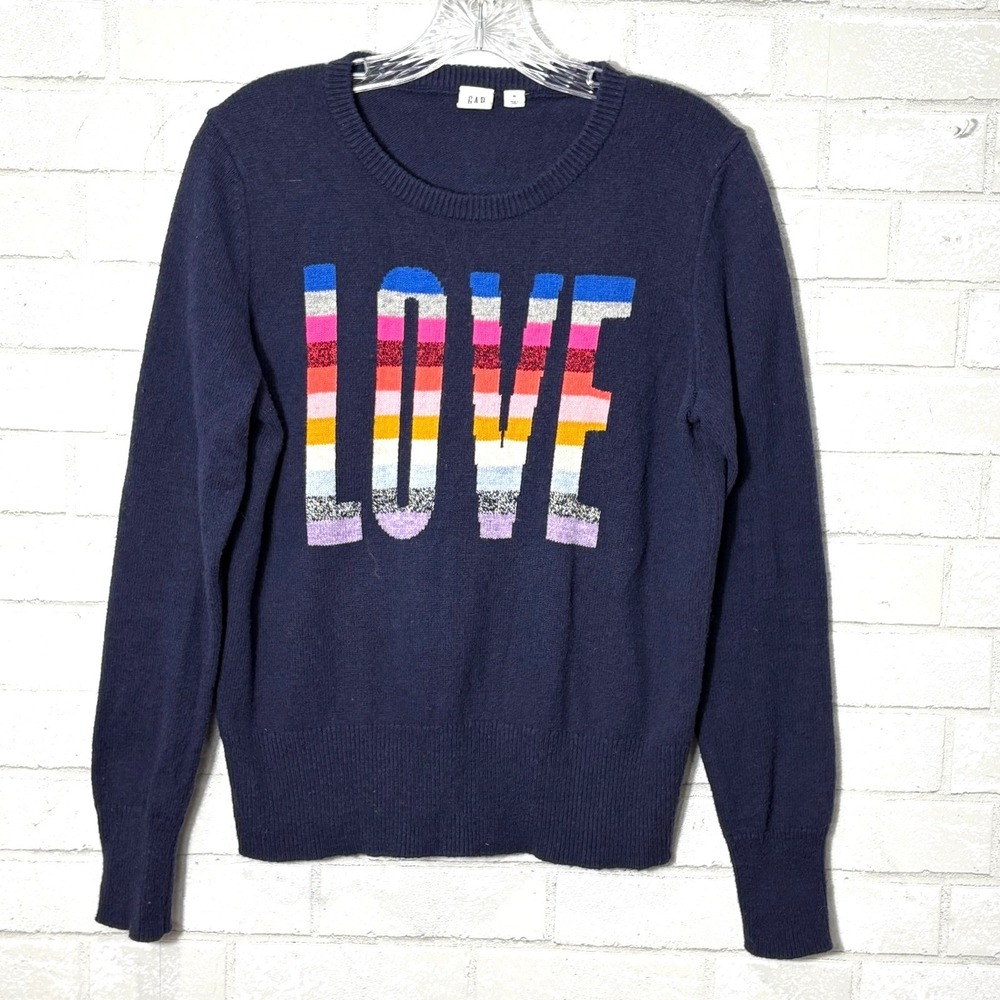 GAP Love Sweater Womens Medium Rainbow Preppy Crewneck Cute Casual Cotton‎ Fun